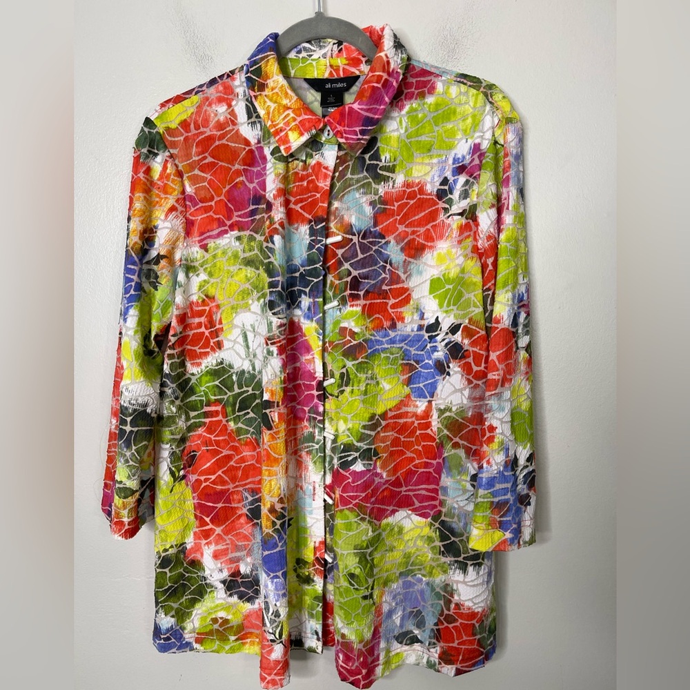 ALI MILES WOMENS SIZE L Art Wear Tie Dye Lagenlook 3/4 Sleeve Knit Duster